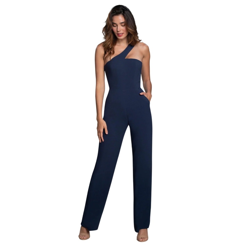 Dress the Population Navy One-Shoulder Jumpsuit